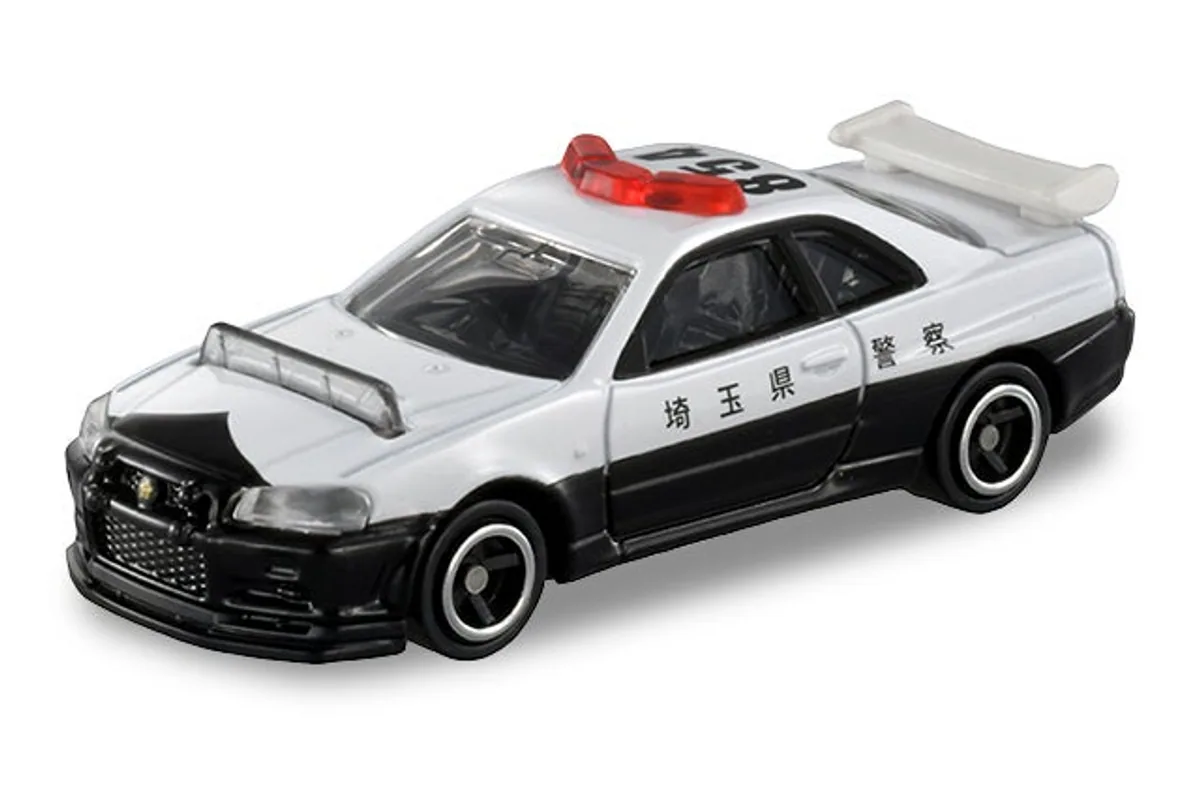 Tomica No. 1 Nissan Skyline GT-R (BNR34) Patrol Car / 尼桑 GT-R 埼玉县警车 die-cast model — official product photo of the toy car
