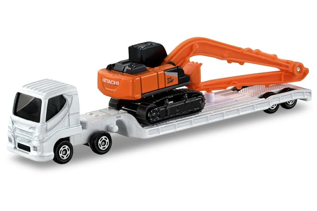 Tomica No. 143 Hitachi ZX210-7 SLF Excavator & Equipment Transporter / 日立建机 ZX210-7 SLF 挖掘机与重机运输车 die-cast model — official product photo of the toy car