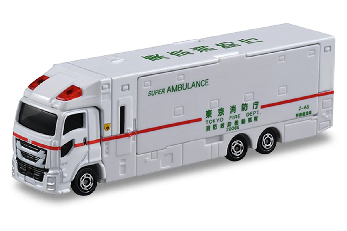 Tomica No. 144 Super Ambulance (Long Type) / 超级救护车（加长版） die-cast model — official product photo of the toy car