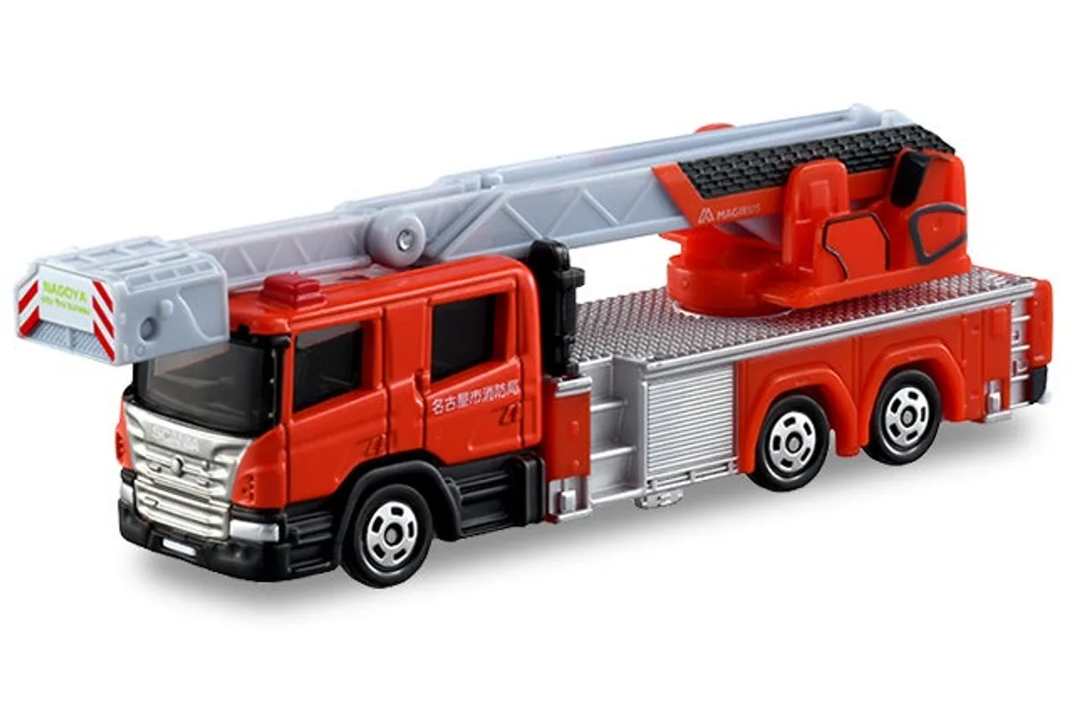Tomica No. 145 Nagoya City Fire Bureau 30m Articulated Ladder Truck / 名古屋市消防局 30 米级曲臂云梯车 die-cast model — official product photo of the toy car