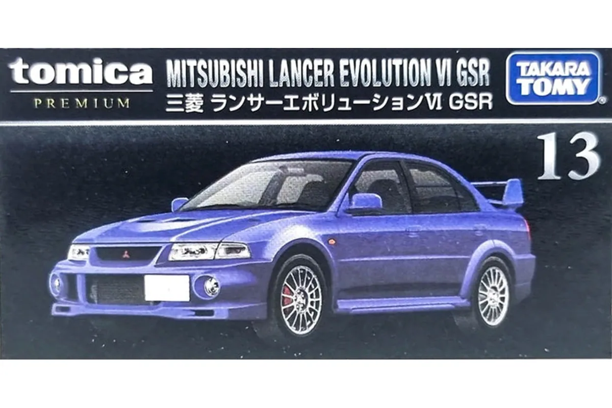 Tomica No. 13 Mitsubishi Lancer Evolution VI GSR / 三菱 蓝瑟 Evolution VI GSR die-cast model — official product photo of the toy car